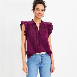 NWT LOFT Eyelet Flutter Sleeve Tie Neck Top Large Romantic Boho Chic Lightweight